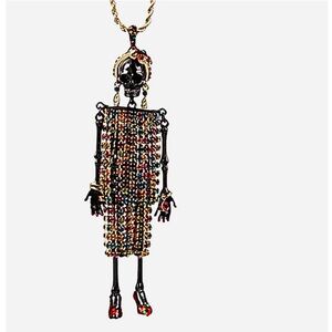 Rare Vintage Betsey Johnson Gold Rhinestone Skeleton Pendant Necklace, NWOT